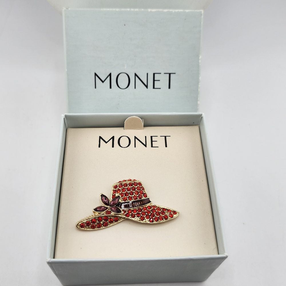 NOS Vintage‎ Monet Rhinestone Red Hat Society Brooch